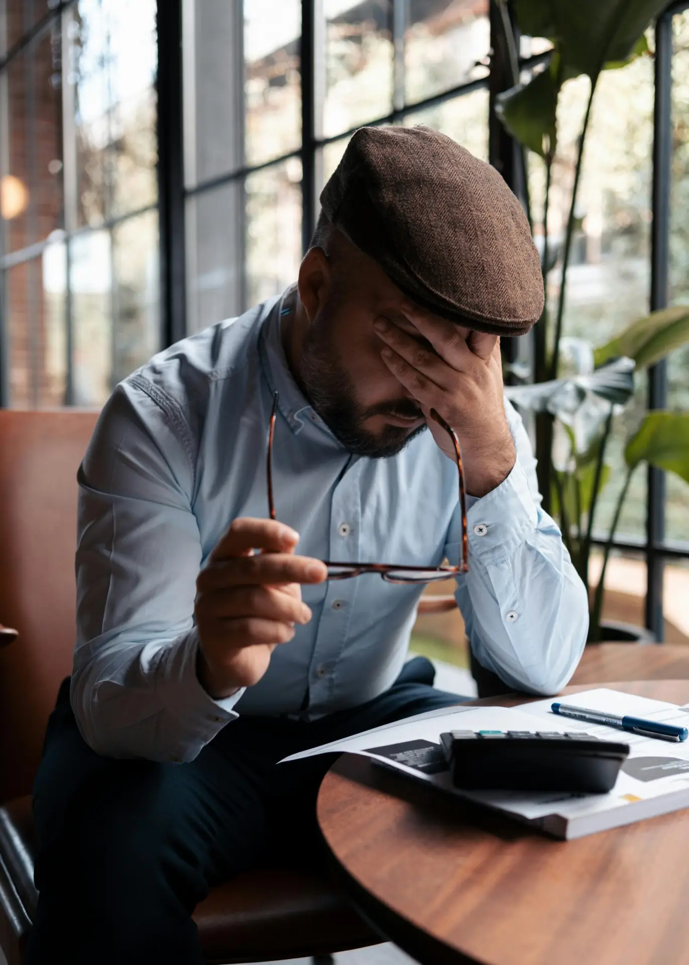 A man sitting at a table, holding his head in stress, facing tax papers and a calculator.