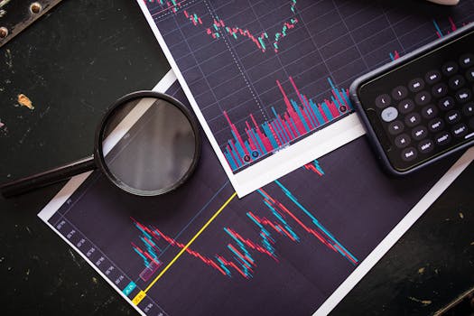 Stock market charts analyzed with a magnifying glass and calculator for financial research.