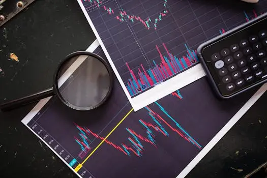 Stock market charts analyzed with a magnifying glass and calculator for financial research. Ações e Obrigações