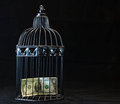 A dollar bill imprisoned in a decorative cage symbolizing financial confinement.